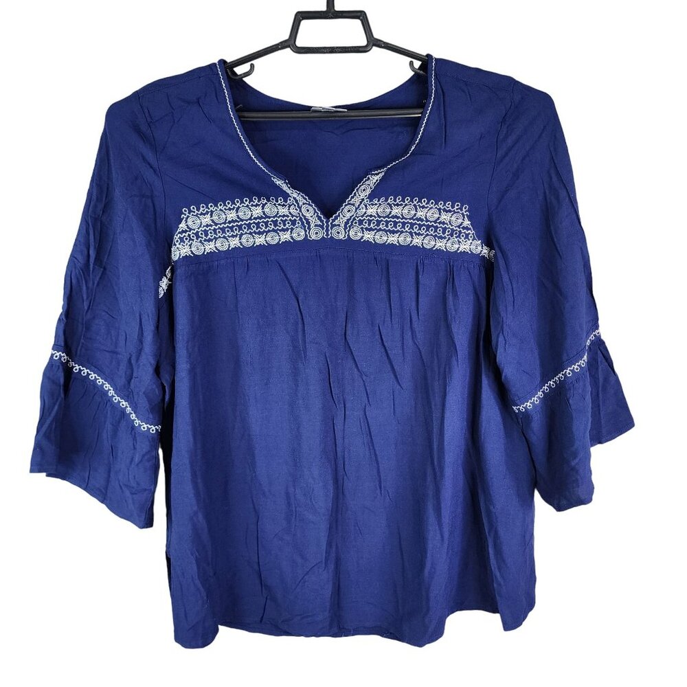 Women's Blue Avenue Boho Blouse Peasant Top Rayon White Embroidered 22/24
